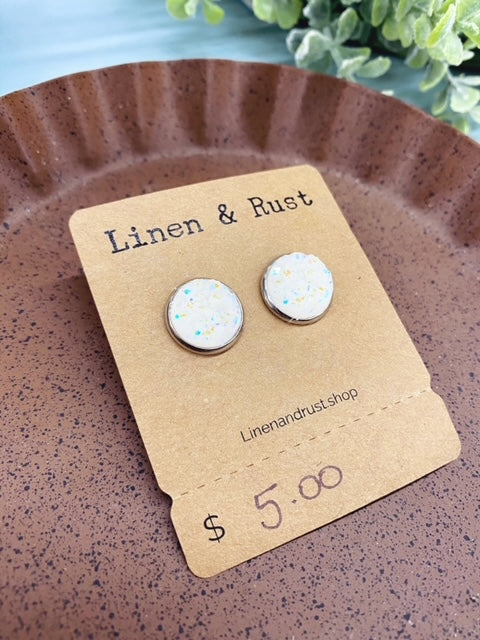Iridescent White Bezel Stud Earrings