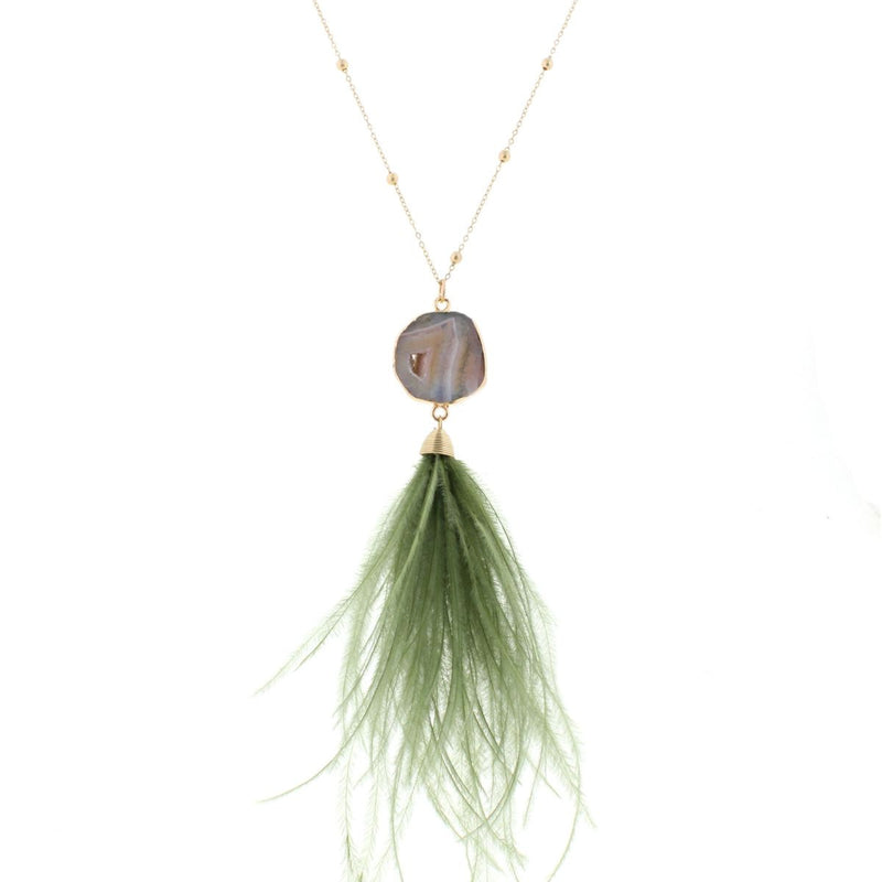 Forest Green Agate & Feather Necklace