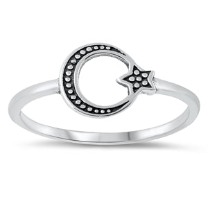 Sterling Ring - Small Dotted Moon & Star